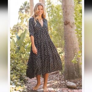 Natural Life Tiered Midi Dress - Black Cream Roses Sz XS